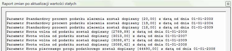 Aktualizacja wartości stałych - wycinek okna "Raport zmian wartości stałych"