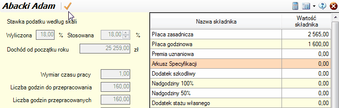 Przycisk na liście wywołujący okno Arkusza Specyfikacji dla składnika z alg.74