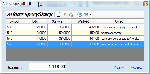 Okno Arkusza Specyfikacji utworzonego z kilku pozycji składowych.