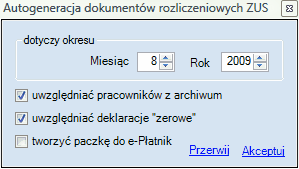 Okno dialogowe - ustalenie parametrów autogeneracji.