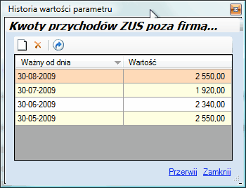 Bilanse otwarcia. Kolejne kwoty dodatkowych przychodów wprowadzane w oknie Historia.