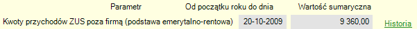 Wartość sumaryczna przychodów - wynik sumowania kolejnych kwot w oknie "Historia"