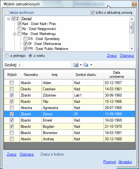 Okno wyboru pracowników do listy płac / listy zasiłkowej.