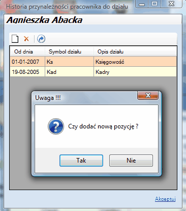 Okno dialogowe - historia przynależności do działu pracownika