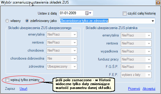 Okno wyboru scenariusza składek ZUS - z listy istniejących w programie.