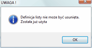 Info o niemozności skasowania definicji listy