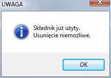 Info o niemożności skasowania juz użytego składnika