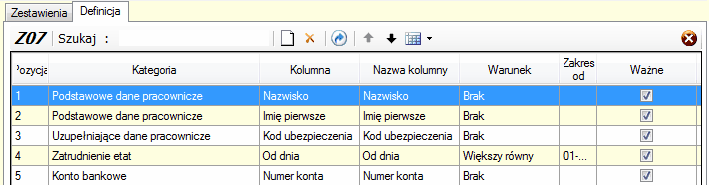 Definiowanie kadrowe - lista definicji zestawienia