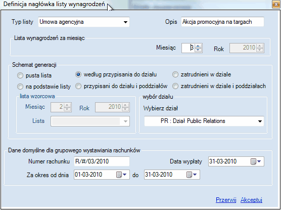 Definiowanie nowej listy rachunków.