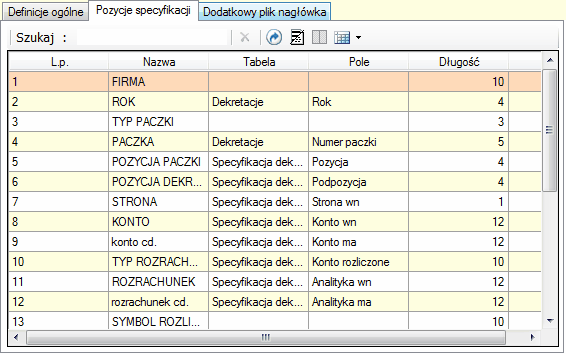 Dekretacja: struktura pliku emisji - Legat Windows (pozycje specyfikacji)