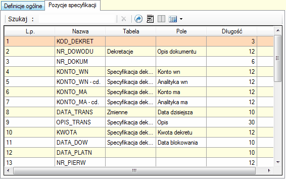 Dekretacja: struktura pliku emisji - Raks 2000 (pozycje specyfikacji)