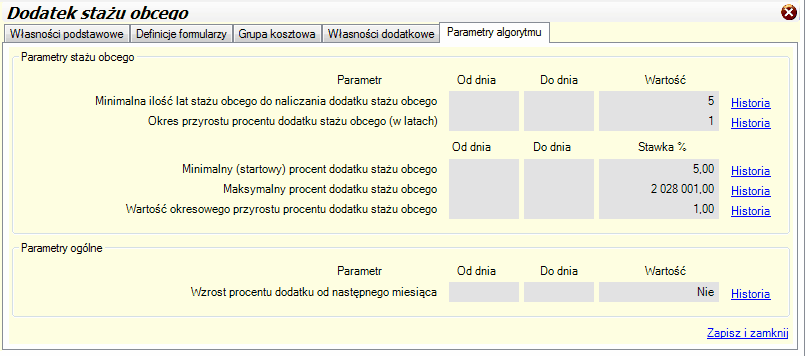 Dodatek stażowy obcy. Zakładka "parametry"