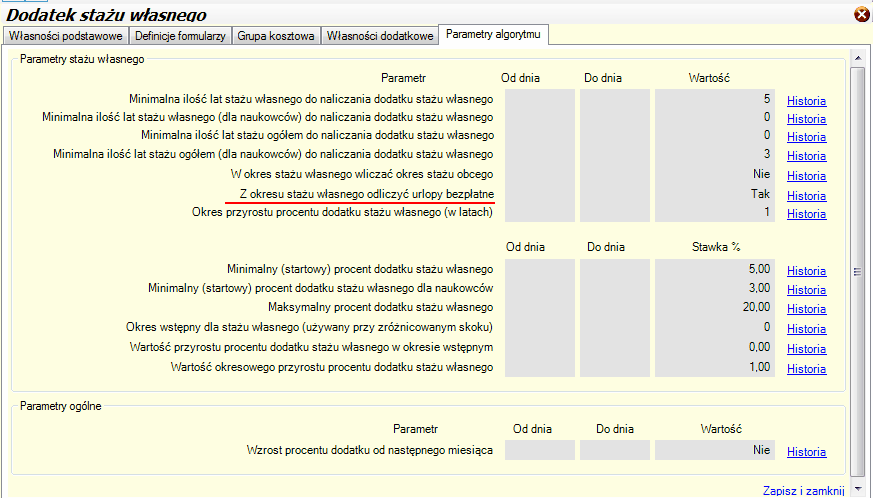 Dodatek stażu własnego. Zakładka "parametry"