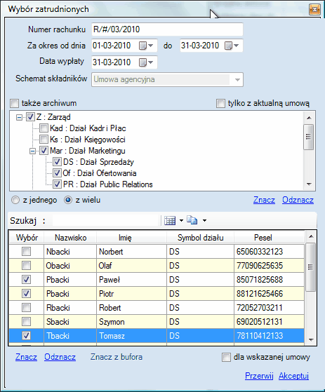 Okno wyboru pracowników do listy rachunków.