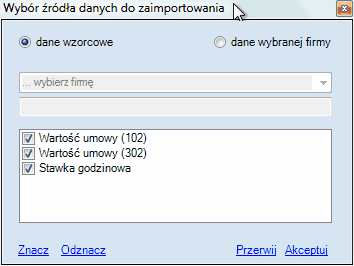 Okno importu źródłowych składników z wzorca lub danych firmy