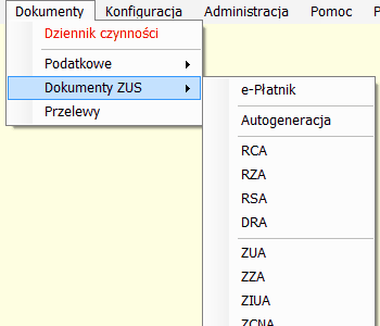 Dokumenty ZUS - wybór deklaracji w menu głównym