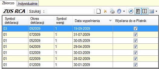 ZUS RCA - tabela okna głównego.