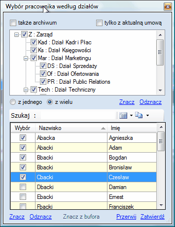 Okno wyboru pracowników według działu