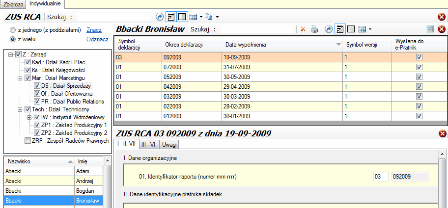 ZUS RCA - zakładka "Indywidualnie".