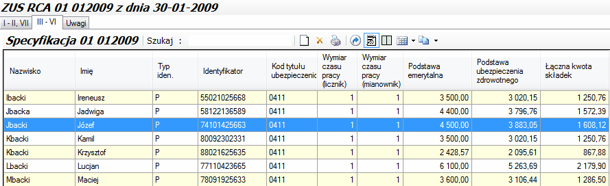 ZUS RCA - zakładka "Specyfikacja" z przykładowymi kolumnami