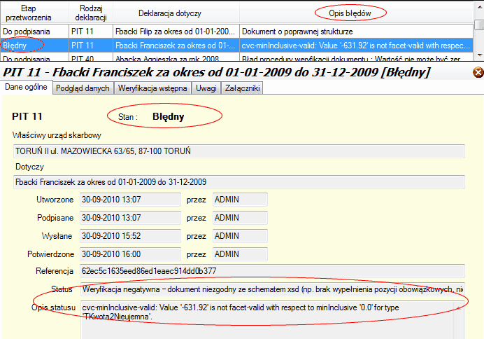 e-Dward. Dokument błędny w tabeli głównej i oknie podrzędnym.
