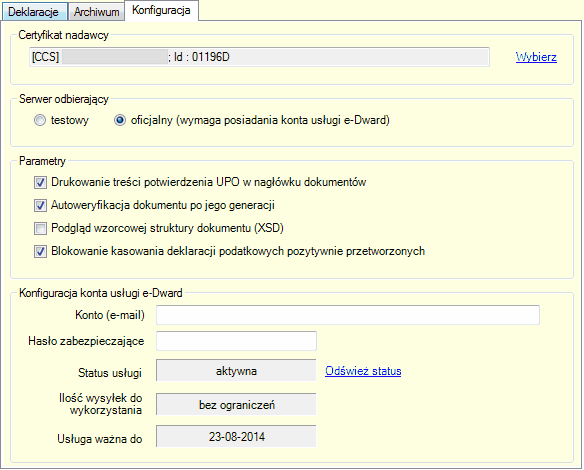 E-deklaracje. Zakładka "konfiguracja"