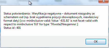 Okno info przy negatywnej weryfikacji wysyłanego dokumentu na serwer.