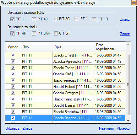 E- dward. Okno wyboru deklaracji podatkowych do wysyłki