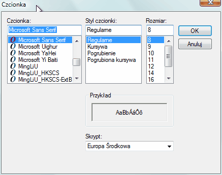 Ekran - okno wyboru czcionki.