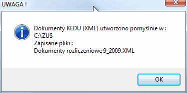 e-Płatnik. Okno info o pomyslnym eksporcie paczki i utworzeniu KEDU.