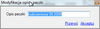 e-Płatnik. Okno modyfikacji opisu paczki.