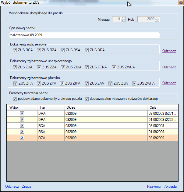 e-Płatnik. Okno wyboru dokumentów ZUS do nowej paczki.