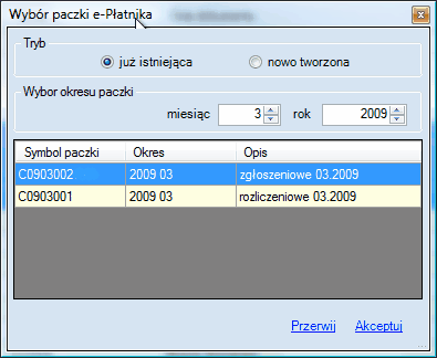 e-Płatnik. Okno wyboru paczki z już istniejhących.