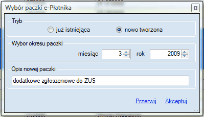 e-Płatnik. Okno wyboru paczki nowo tworzonej.