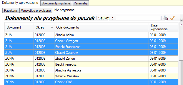 e-Płatnik. Zakładka "Dokumenty wprowadzone/Nie przypisane".