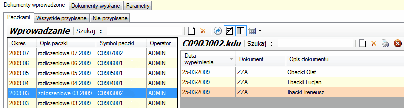 E-Płatnik. Zakładka "Dokumenty wprowadzone/Paczkami".