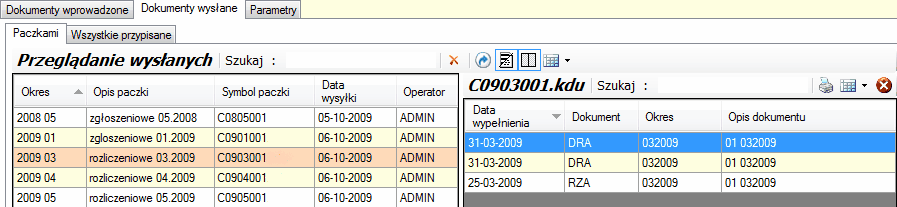 e-Płatnik. Zakładka "Dokumenty wysłane/Paczkami".