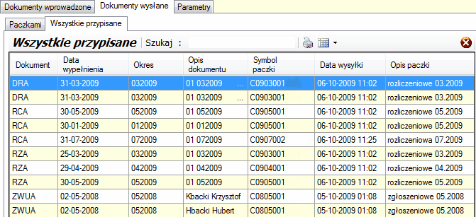 e-Płatnik. Zakładka "Dokumenty wysłane/Wszystkie przypisane".