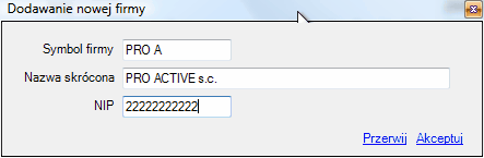 Okno dodawania nowej firmy