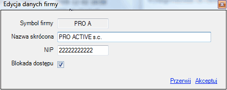 Okno edycji danych firmy.