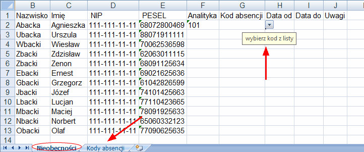 Nieobecności - przykładowy arkusz importu w programie 'Excel'