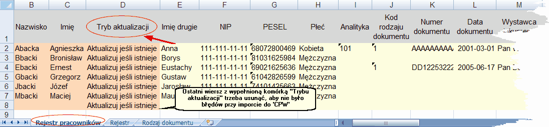 Rejestr pracowników - przykładowy arkusz importu w programie 'Excel'