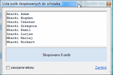 Lista skopiowanych osób do schowka.