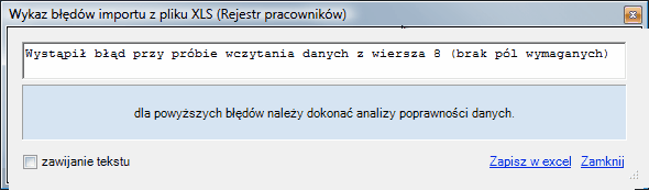 Informacja o niewczytaniu ostatniego wiersza, który posiadał wypełnioną komórkę "Trybu aktualizacji".