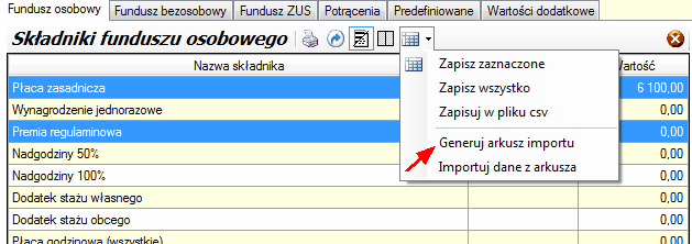 Funkcja "Generuj arkusz importu".