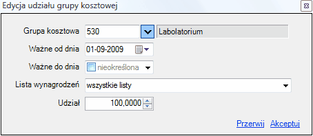 Okno dialogowe "Edycja udziału grupy kosztowej".