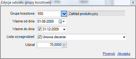 Okno dialogowe "Edycja udziału grupy kosztowej".