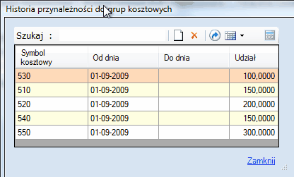 Okno "Historia przynależności do grup kosztowych".