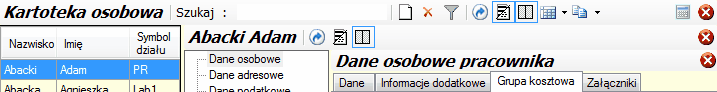Zakładka "Grupa kosztowa" dla wybranego pracownika.