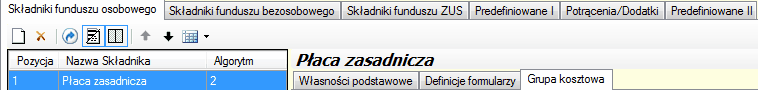 Zakładka "Grupa kosztowa" dla wybranego składnika wynagrodzeń.